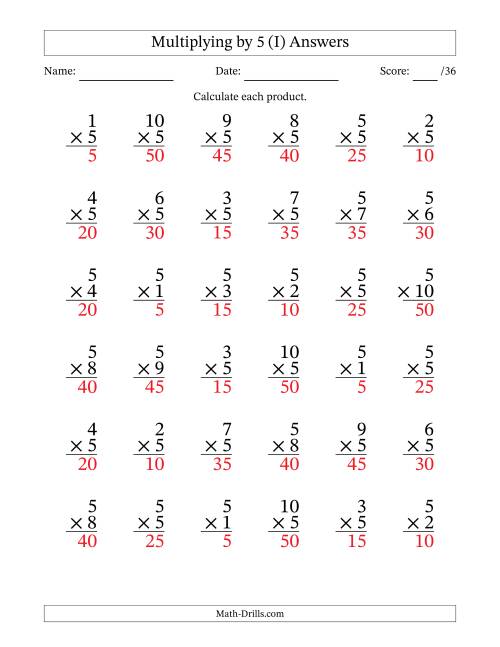 The Multiplying (1 to 10) by 5 (36 Questions) (I) Math Worksheet Page 2