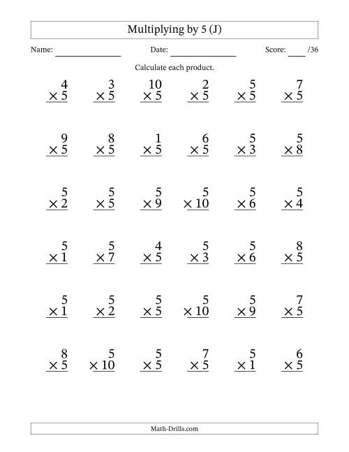 The Multiplying (1 to 10) by 5 (36 Questions) (J) Math Worksheet
