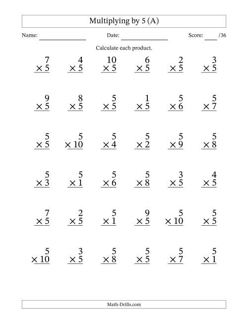 The Multiplying (1 to 10) by 5 (36 Questions) (All) Math Worksheet
