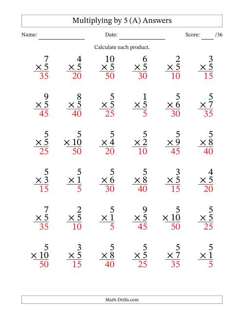 The Multiplying (1 to 10) by 5 (36 Questions) (All) Math Worksheet Page 2