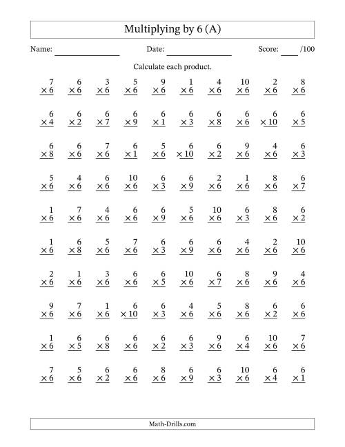 The Multiplying (1 to 10) by 6 (100 Questions) (A) Math Worksheet