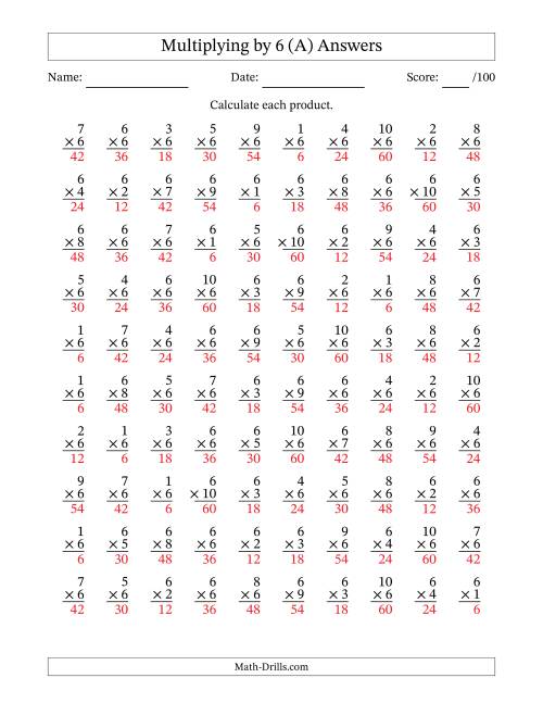 The Multiplying (1 to 10) by 6 (100 Questions) (A) Math Worksheet Page 2