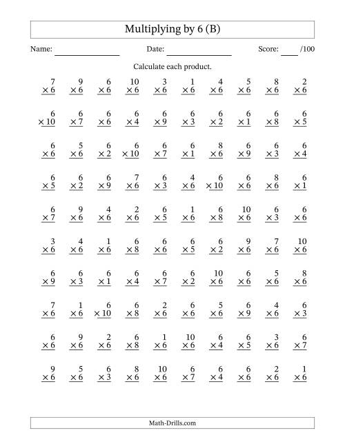 The Multiplying (1 to 10) by 6 (100 Questions) (B) Math Worksheet