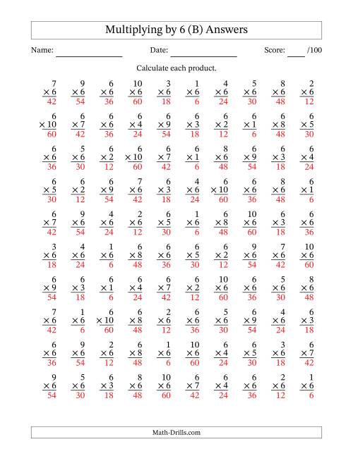 The Multiplying (1 to 10) by 6 (100 Questions) (B) Math Worksheet Page 2