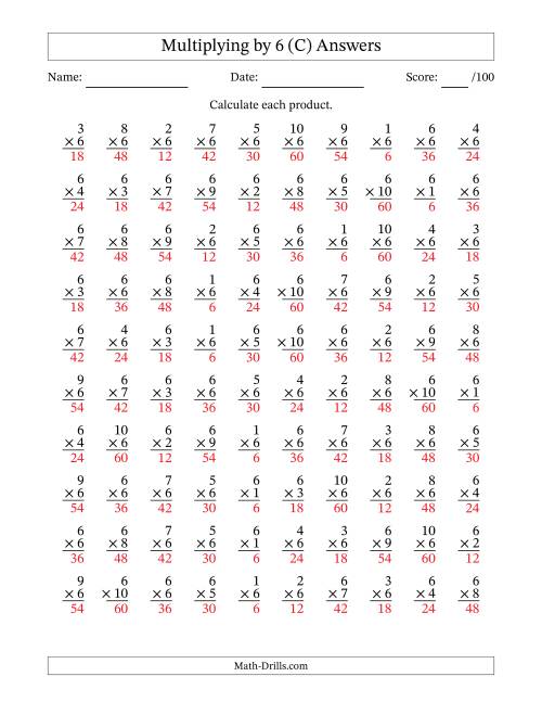 The Multiplying (1 to 10) by 6 (100 Questions) (C) Math Worksheet Page 2