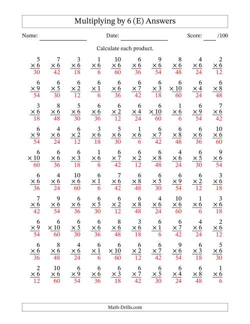 The Multiplying (1 to 10) by 6 (100 Questions) (E) Math Worksheet Page 2