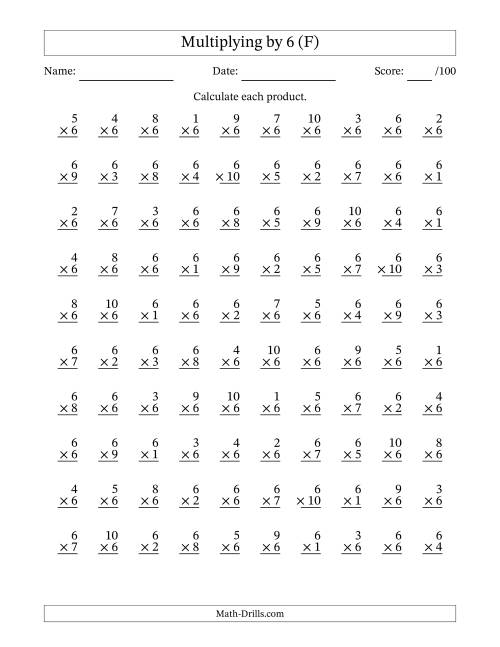 The Multiplying (1 to 10) by 6 (100 Questions) (F) Math Worksheet