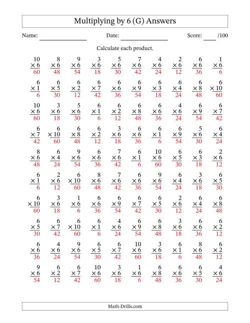 The Multiplying (1 to 10) by 6 (100 Questions) (G) Math Worksheet Page 2