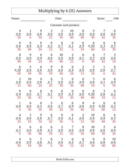 The Multiplying (1 to 10) by 6 (100 Questions) (H) Math Worksheet Page 2
