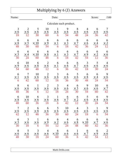 The Multiplying (1 to 10) by 6 (100 Questions) (J) Math Worksheet Page 2