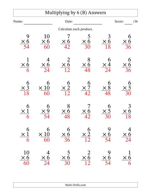 The Multiplying (1 to 10) by 6 (36 Questions) (B) Math Worksheet Page 2