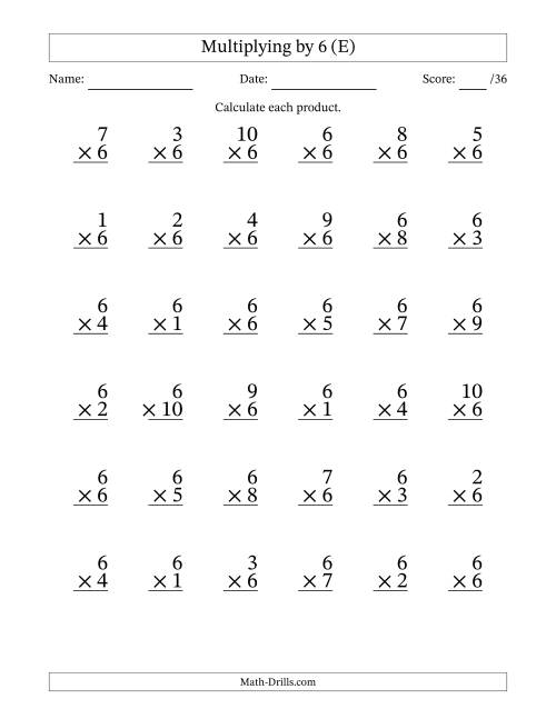 The Multiplying (1 to 10) by 6 (36 Questions) (E) Math Worksheet