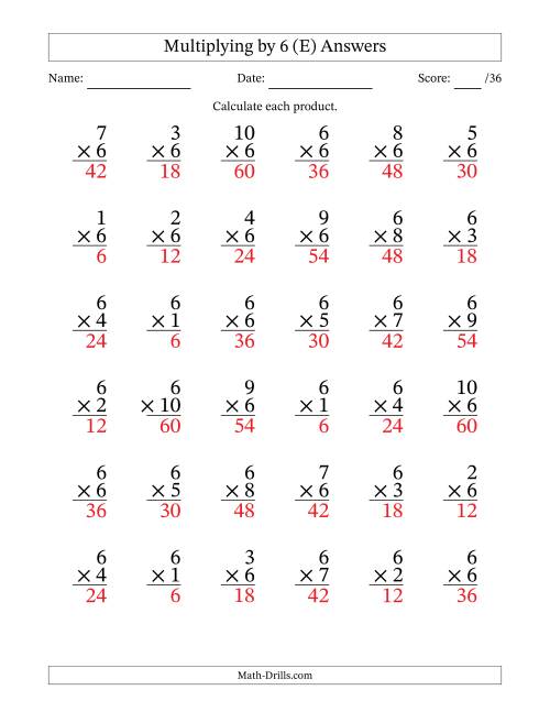The Multiplying (1 to 10) by 6 (36 Questions) (E) Math Worksheet Page 2