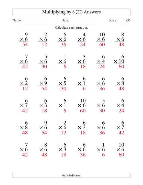 The Multiplying (1 to 10) by 6 (36 Questions) (H) Math Worksheet Page 2