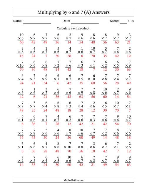 The Multiplying (1 to 10) by 6 and 7 (100 Questions) (A) Math Worksheet Page 2