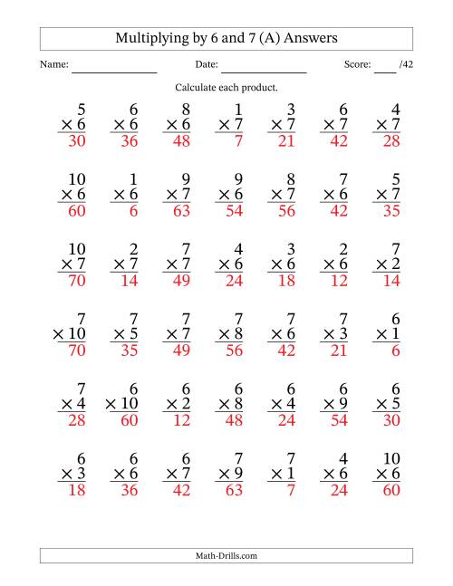 The Multiplying (1 to 10) by 6 and 7 (42 Questions) (A) Math Worksheet Page 2