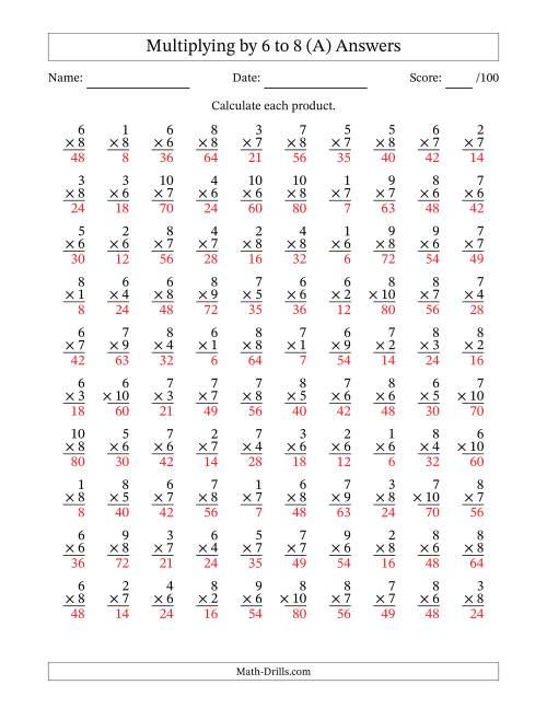 The Multiplying (1 to 10) by 6 to 8 (100 Questions) (A) Math Worksheet Page 2