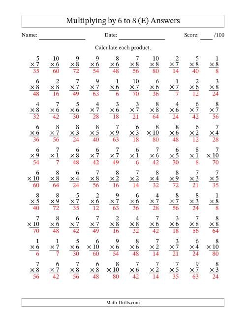 The Multiplying (1 to 10) by 6 to 8 (100 Questions) (E) Math Worksheet Page 2