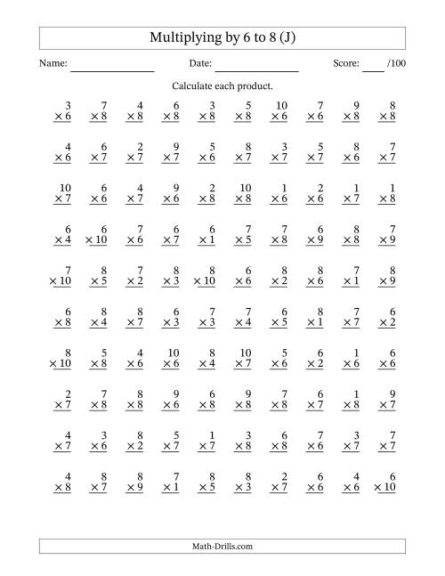 The Multiplying (1 to 10) by 6 to 8 (100 Questions) (J) Math Worksheet