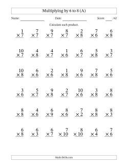 Multiplying (1 to 10) by 6 to 8 (42 Questions)