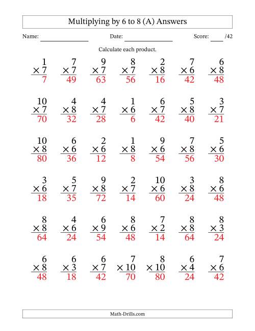 The Multiplying (1 to 10) by 6 to 8 (42 Questions) (A) Math Worksheet Page 2
