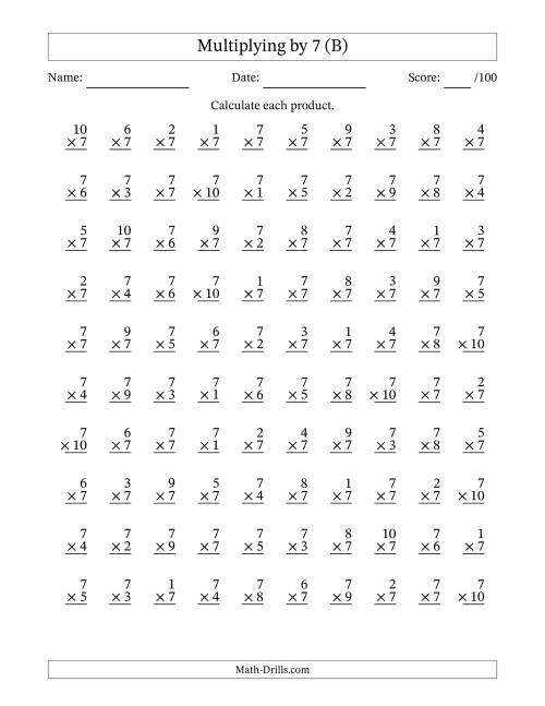 The Multiplying (1 to 10) by 7 (100 Questions) (B) Math Worksheet