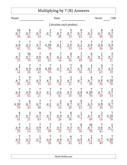 The Multiplying (1 to 10) by 7 (100 Questions) (B) Math Worksheet Page 2