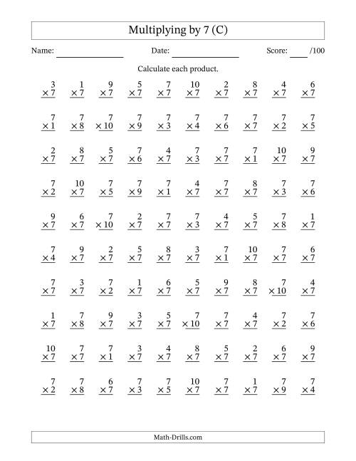 The Multiplying (1 to 10) by 7 (100 Questions) (C) Math Worksheet