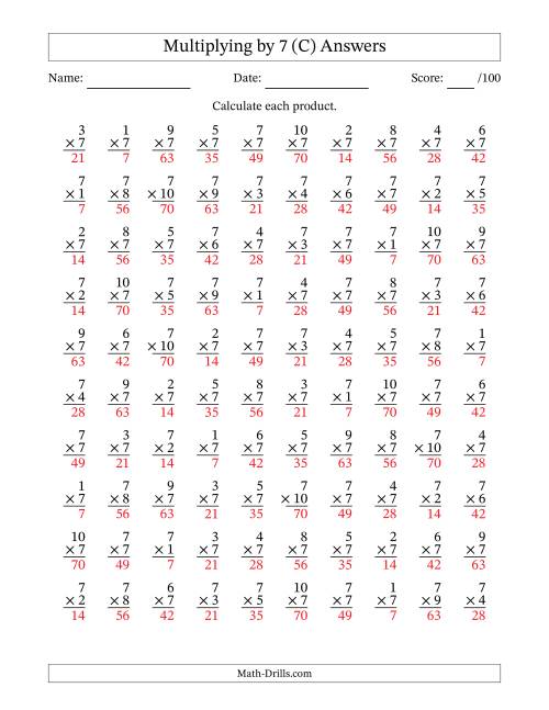 The Multiplying (1 to 10) by 7 (100 Questions) (C) Math Worksheet Page 2