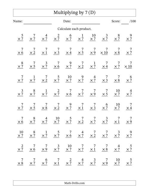 The Multiplying (1 to 10) by 7 (100 Questions) (D) Math Worksheet