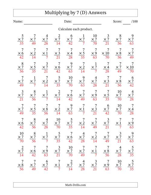 The Multiplying (1 to 10) by 7 (100 Questions) (D) Math Worksheet Page 2