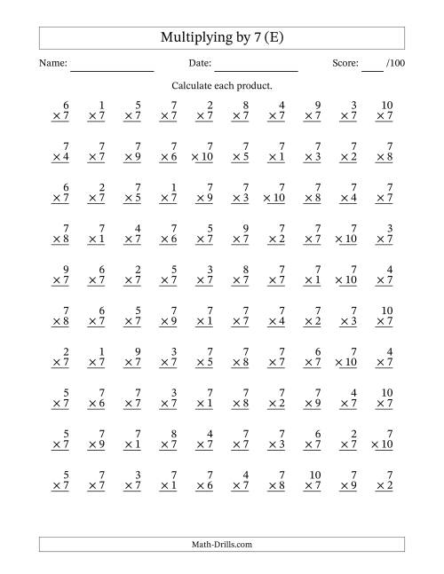 The Multiplying (1 to 10) by 7 (100 Questions) (E) Math Worksheet