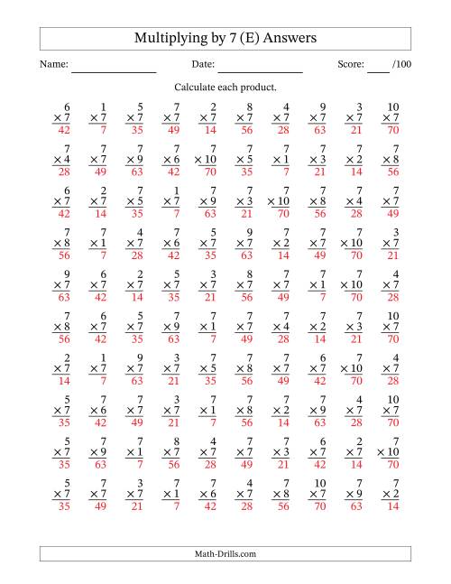The Multiplying (1 to 10) by 7 (100 Questions) (E) Math Worksheet Page 2