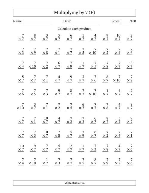 The Multiplying (1 to 10) by 7 (100 Questions) (F) Math Worksheet