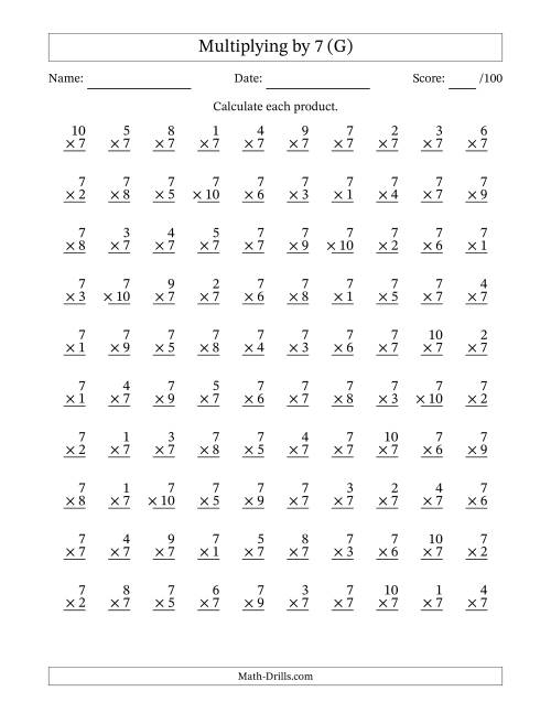The Multiplying (1 to 10) by 7 (100 Questions) (G) Math Worksheet