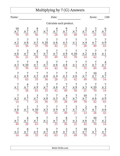 The Multiplying (1 to 10) by 7 (100 Questions) (G) Math Worksheet Page 2