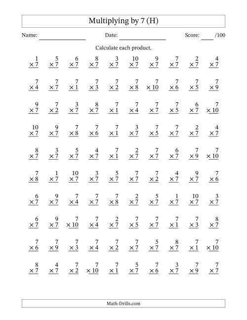 The Multiplying (1 to 10) by 7 (100 Questions) (H) Math Worksheet