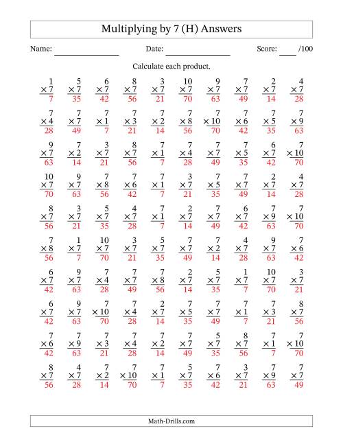 The Multiplying (1 to 10) by 7 (100 Questions) (H) Math Worksheet Page 2