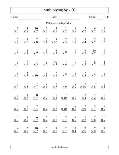 The Multiplying (1 to 10) by 7 (100 Questions) (I) Math Worksheet