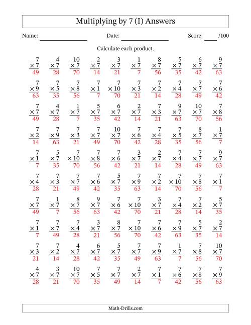 The Multiplying (1 to 10) by 7 (100 Questions) (I) Math Worksheet Page 2