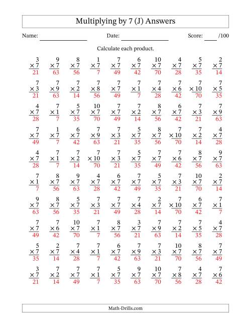The Multiplying (1 to 10) by 7 (100 Questions) (J) Math Worksheet Page 2