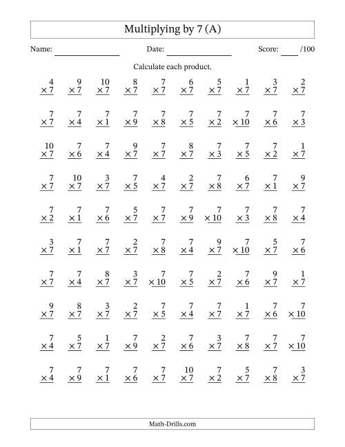 The Multiplying (1 to 10) by 7 (100 Questions) (All) Math Worksheet