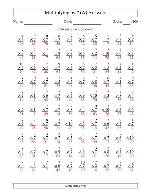 The Multiplying (1 to 10) by 7 (100 Questions) (All) Math Worksheet Page 2