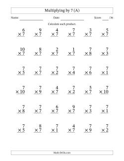 Multiplying (1 to 10) by 7 (36 Questions)