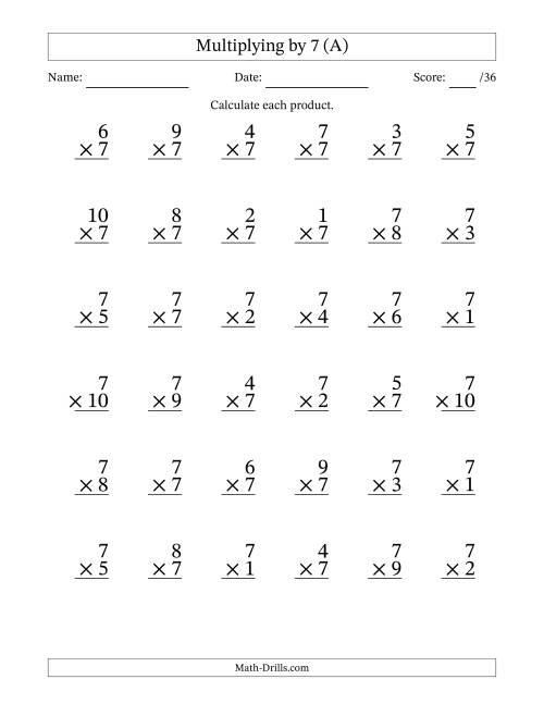 The Multiplying (1 to 10) by 7 (36 Questions) (A) Math Worksheet