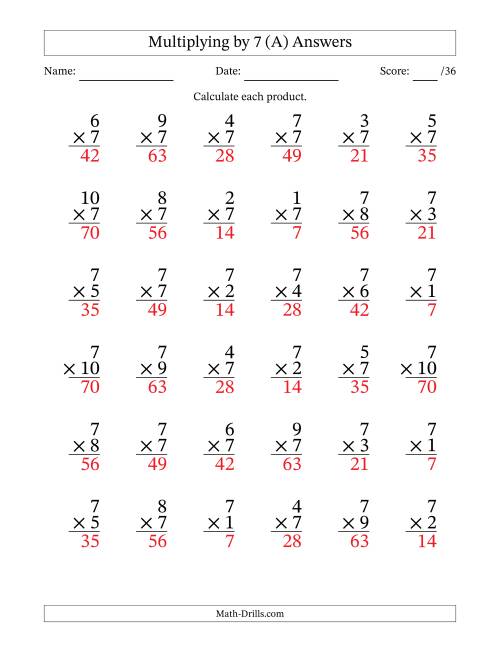 The Multiplying (1 to 10) by 7 (36 Questions) (A) Math Worksheet Page 2