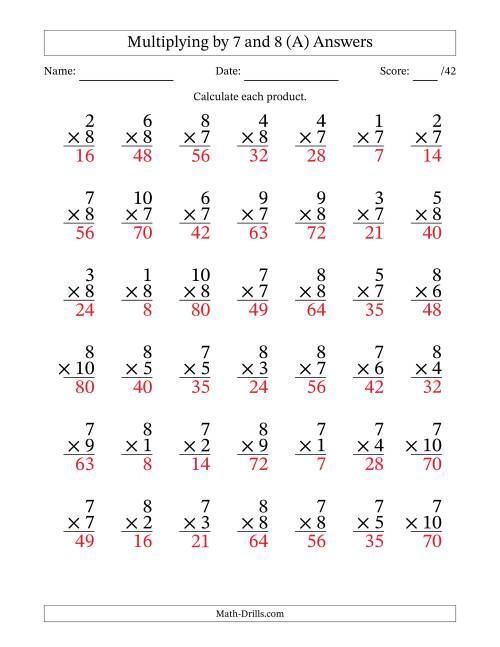 The Multiplying (1 to 10) by 7 and 8 (42 Questions) (A) Math Worksheet Page 2