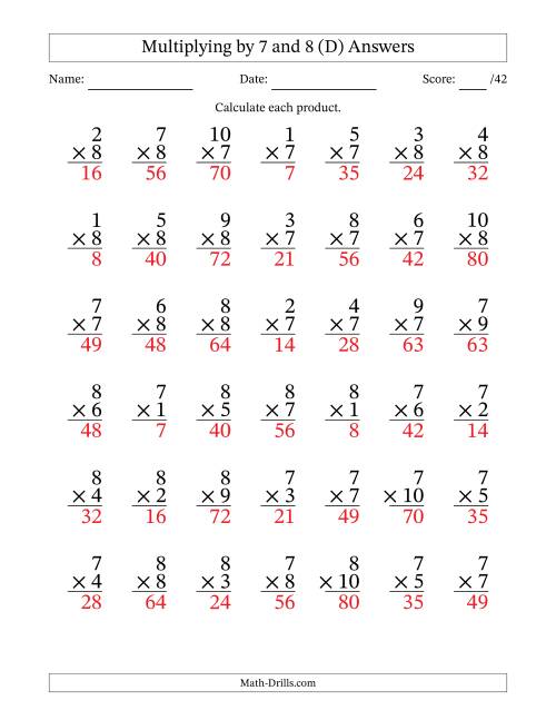 The Multiplying (1 to 10) by 7 and 8 (42 Questions) (D) Math Worksheet Page 2