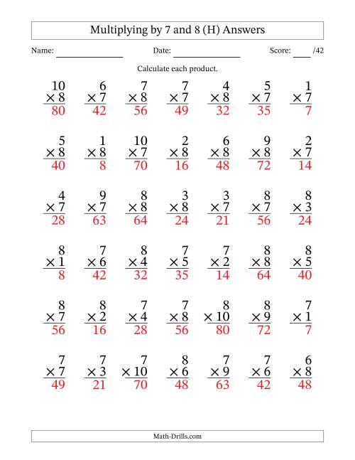 The Multiplying (1 to 10) by 7 and 8 (42 Questions) (H) Math Worksheet Page 2