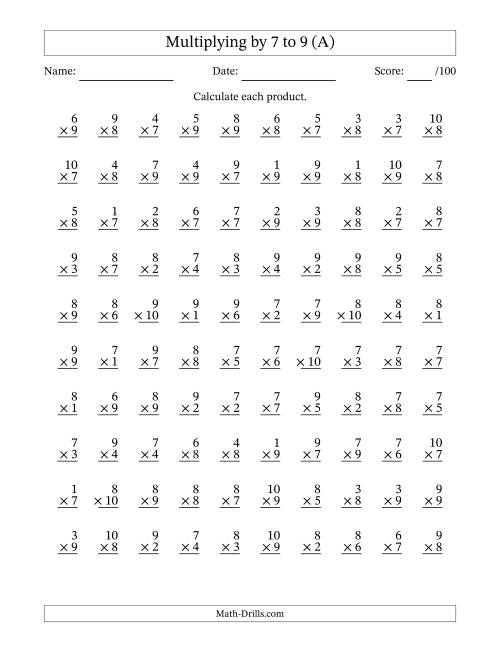 The Multiplying (1 to 10) by 7 to 9 (100 Questions) (A) Math Worksheet